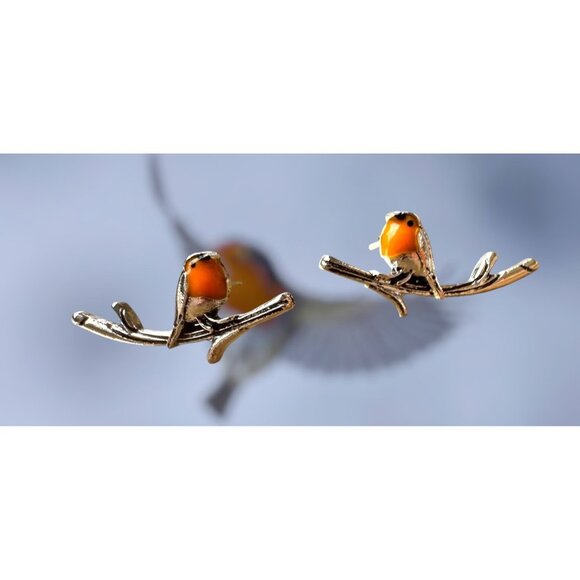 Robin Bird Earrings Ear Climbers New Orange Silver Tree Branch Loved One… - Picture 6 of 12